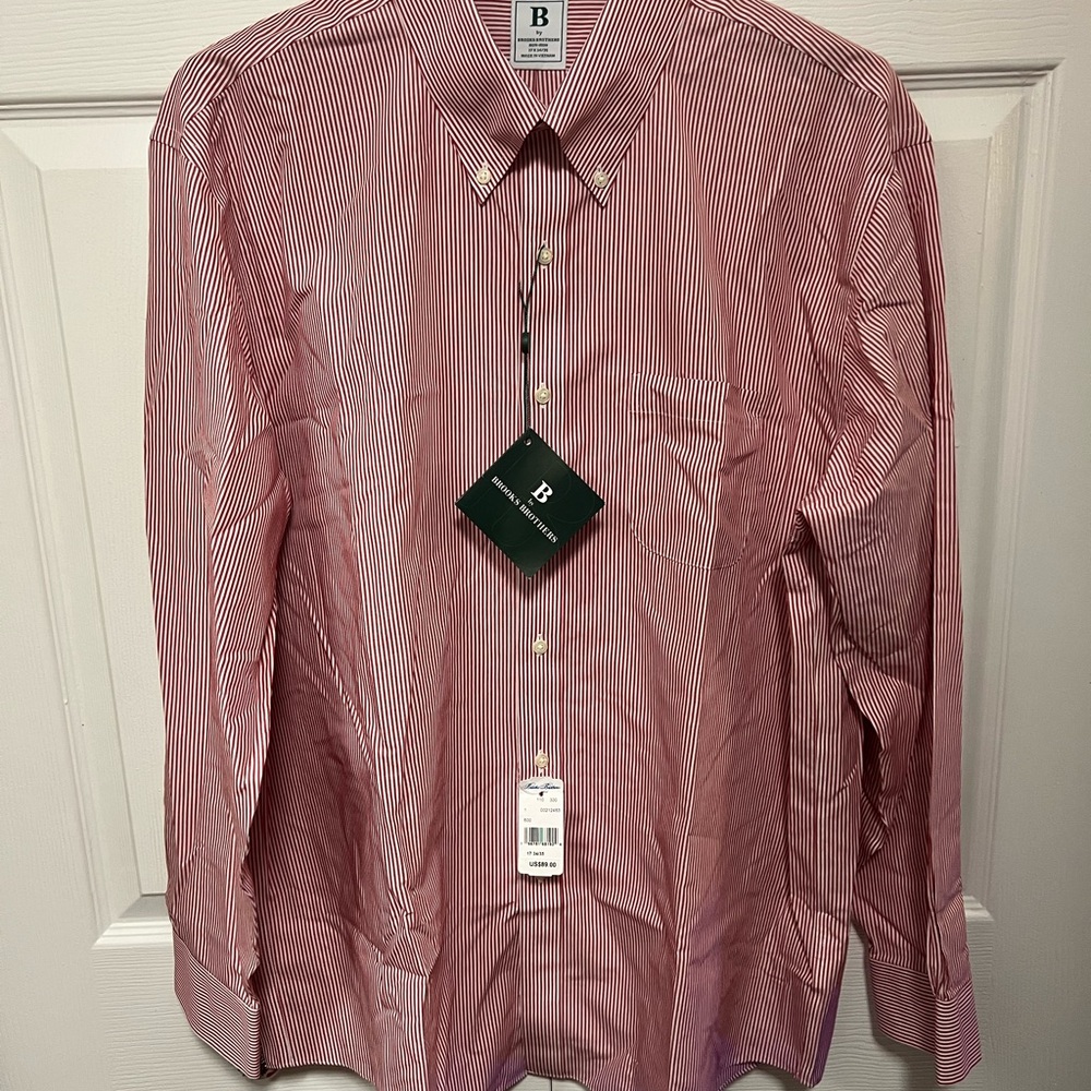 Brooks Brothers Red & White Striped Dress Shirt | Regular Fit Size 17/34-35